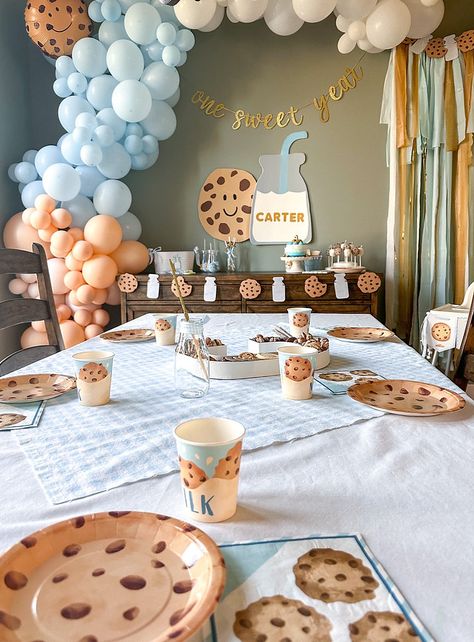 Food Theme 1st Birthday Party, Milk And Cookies 1st Birthday Cake, One Sweet Guy Birthday, Chocolate Chip Cookie Birthday Party, Cookies And Milk Baby Shower Ideas, Mouse A Cookie Birthday Party, Simple 1st Birthday Ideas, Cookie And Milk Birthday Party, One Sweet Cookie Birthday