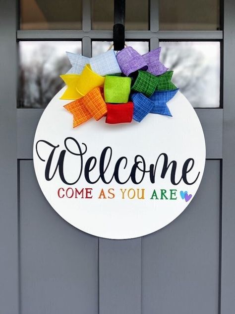 Pride Classroom Door Ideas, Pride Wooden Signs, Pride Wreath Front Doors, Pride Welcome Sign, Pride Month Decor, Pride Cricut Projects, Pride Booth Ideas, Diy Pride Decor, Pride Decorations Ideas