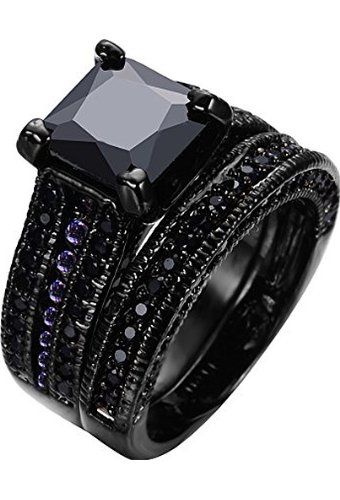 Rongxing Jewelry® Couple Engagement Ring Settings Black Gold Diamond Size 6-10 Ring And Band Set, Black Wedding Ring, Gothic Wedding Rings, Wedding Ring Bands Set, Black Wedding Rings, Engagement Wedding Ring Sets, Wedding Engagement Ring, Gothic Wedding, Rings Jewelry Fashion