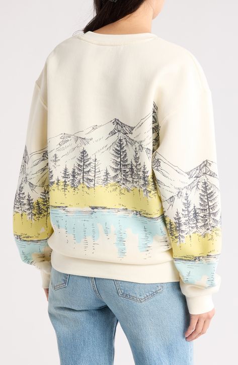 A cotton-rich crewneck sweatshirt featuring a mountain scene graphic is perfect for summit adventures.  Crewneck Long sleeves with ribbed cuffs 53% cotton, 47% polyester Machine wash, tumble dry Imported Mountain Scene, Crewneck Sweatshirt, Crew Neck Sweatshirt, Nordstrom, Long Sleeves, Crew Neck, Sweatshirts Hoodie, Sweatshirts, Clothes For Women