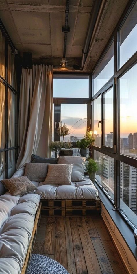 Big Windows Living Room, Cozy Balcony, Apartment Balcony Ideas, House Balcony Design, Backyard Balcony, Home Balcony, Cozy Patio, Condo Living, Apartment Balcony