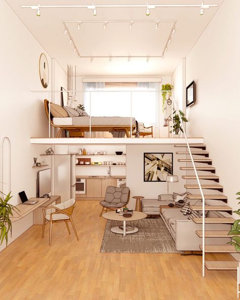 Adu With Loft, Small Loft Apartment Layout, House Design Loft Type, Studio Type House, Loft Studio Apartment Ideas, Studio Apartment With Loft, Loft Type House Small Spaces, Small Loft Apartment Ideas, Studio With Loft