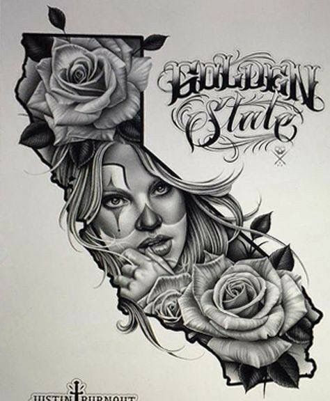 young California tattoo designs Chicanas Tattoo, Art Chicano, Catrina Tattoo, California Tattoo, Prison Art, Cholo Art, Chicano Tattoos, Chicano Tattoo, Lowrider Art