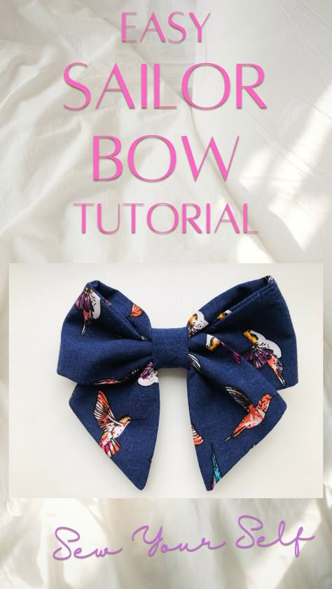 How To Make Cloth Hair Bows, How To Make A Hair Bow With Ribbon Easy, How To Sew Fabric Bows, Sailor Hair Bow Tutorial, Sailor Bows Diy, No Sew Sailor Bow Diy, Diy Sailor Bow Tutorial, Bows Out Of Fabric, How To Sew A Fabric Bow