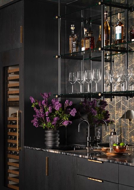 Moody and made for entertaining – every house needs a wet bar this breathtaking! Moody Wet Bar, Moody Home Bar, Moody Bar Design, Moody Bar, Texas Interior Design, Bar Lounge Area, Bourbon Room, Tribe Design, Moody Living Room