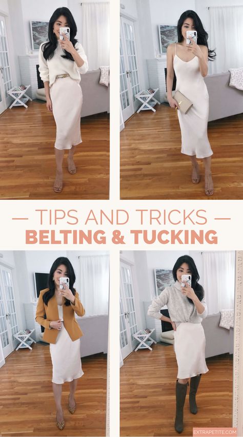 how to style a sweater over a dress // on the blog: a few different ways to style a slip dress! tuck or belt a sweater over it to create a midi skirt or dress it up for a night out. I'm also sharing my tips and tricks for how to wear a sweater over a dress by tying it up or tucking it into a belt. Silky Slip Skirt Outfit, Ivory Slip Dress Outfit, Cowl Neck Slip Dress Outfit Winter, What To Wear Over A Satin Slip Dress, Slip Dress Formal Outfit, How To Style A Slip Dress Outfit Ideas, Shirt Over Bodycon Dress Outfit, How To Style A Blazer With A Dress, Satin Dress With Sweater Outfit