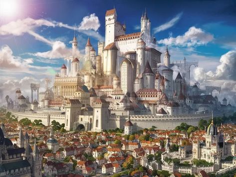 Majestic Fantasy City and Castle Under the Bright Sun | MUSE AI Rich Fantasy City, Castle City Fantasy Art, Fantasy Castle City, Fantasy Kingdom Ideas, Large Fantasy City, Bright Fantasy Art, Fantasy Cities Art, Fantasy Kingdom Cities, Fantasy City Concept Art