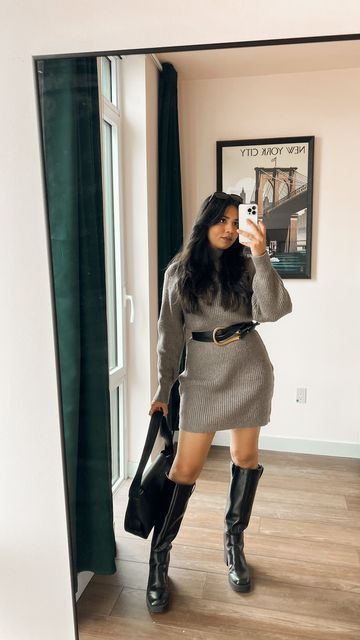 Knitted Dress With Belt, Sweater Dress Belt Outfit, Sweater Dress With Belt Outfit, Belted Sweater Dress, Sweater Dress Belt, Sweater Dress And Boots, Sweater Dress With Boots, Style Language, Sweater Dress With Belt