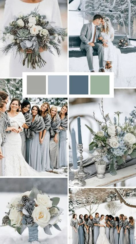 Winter Wedding Bridesmaids, Winter Wedding Color Palette, Blue Winter Wedding, Green Wedding Bouquet, Winter Wedding Colors, Wedding Themes Winter, Winter Wedding Decorations, Winter Wedding Ideas, Dusty Blue Weddings