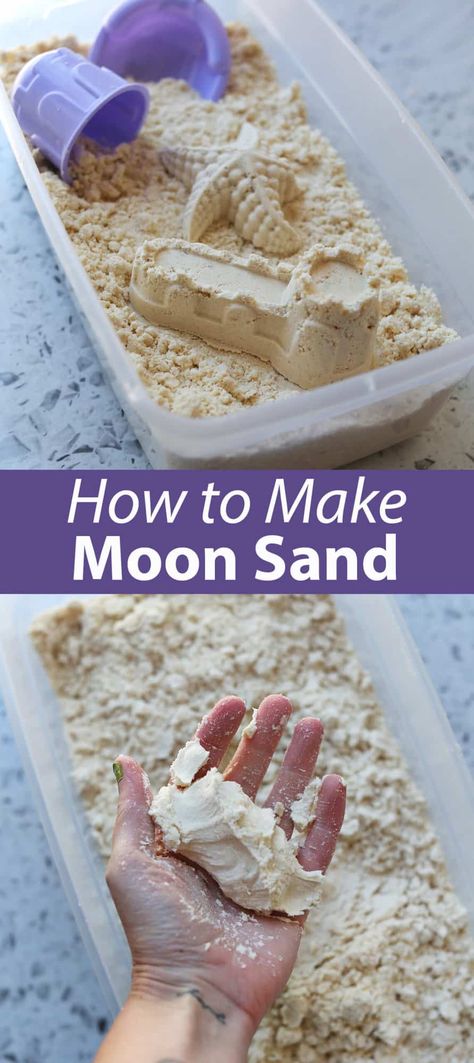 Easy DIY Moon Sand - Childhood Magic Magic Sand Recipe, Sand Clay Recipe, Kinetic Sand Diy, Moon Sand Diy, Diy Magic Sand, Moon Sand Recipe 2 Ingredients, Edible Moon Sand, Moon Slime Cloud Dough, Moon Sand Recipe