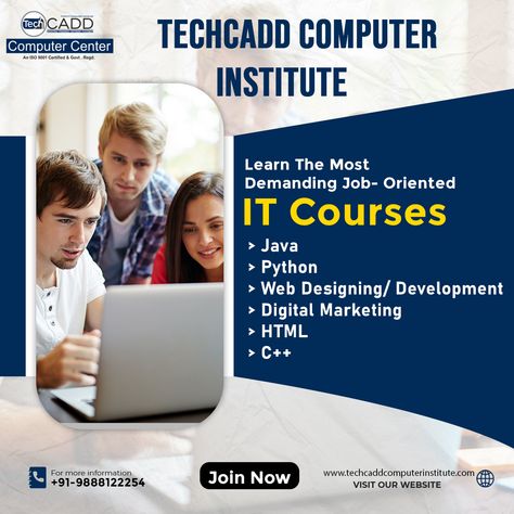 Techcadd Computer Institute Learn The Most Demanding Job-Oriented IT Courses >Java >Python >Web Designing/ Development > Digital Marketing > HTML > C++ For more information: +91-9888122254 www.techcaddcomputerinstitute.com #studymotivation #courses #javascript #htmlcss #c++ #techacddcomputerinstitute #gouravgupta Computer Education Poster Design, Institute Poster Design, Course Poster, Computer Course, Python Web, Computer Center, Education Poster Design, Business Graphics, Computer Education