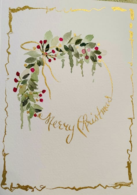 Christmas Watercolor Paintings, Watercolor Christmas Wreath, Watercolor Christmas Cards Diy, Watercolor Christmas Card, Painted Christmas Cards, Merry Christmas Text, Wreath Drawing, Christmas Text, Christmas Card Art