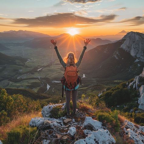 Sunrise Mountain Triumph: A hiker celebrates a successful summit at sunrise, arms raised high amidst a breathtaking mountain backdrop. #hiker #sunrise #mountains #celebration #hiking #aiart #aiphoto #stockcake ⬇️ Download and 📝 Prompt 👉 https://ayr.app/l/xriN Woman On Mountain Top, Woman Hiking Aesthetic, Vision Board Sunrise, Vision Board Mountains, Hiking In The Mountains, Vision Board Hiking, Hiking Vision Board, Mountain Photography People, Hiking Images