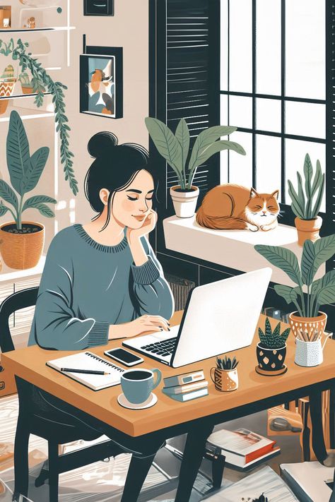 The illustration shows a woman working at home and sitting at the table Work Aesthetic Illustration, Cat Working Illustration, Working Women Vision Board, Working From Home Illustration, Study Illustration Aesthetic, Woman Working Illustration, Working Women Illustration Art, Staying Home Aesthetic, Working Women Aesthetic