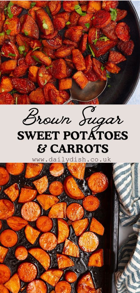 Roasted Sweet Potatoes And Carrots With Brown Sugar Roasted Sweet Potatoes And Carrots, Thanksgiving Carrot Recipe, Carrots With Brown Sugar, Sweet Potatoes And Carrots, Brown Sugar Sweet Potatoes, Brown Sugar Carrots, Carrots Roasted, Brown Sugar Glazed Carrots, Sweet Potato Carrot