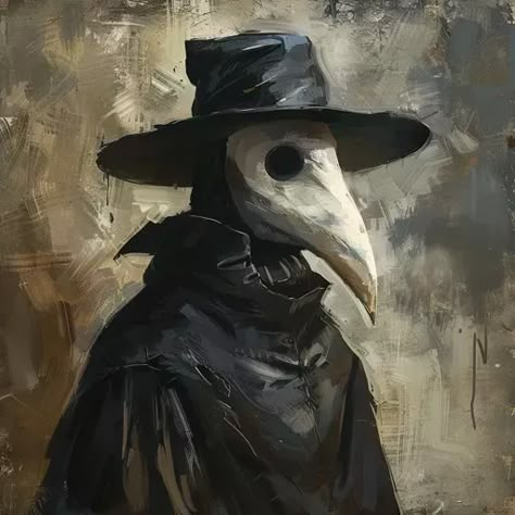 ↑↑↑ Larger size on website 🔸 The image is a portrait of a figure wearing a black plague doctor mask with a long beak and a wide-b 🔸 From Midjourney AI Image Plague Outfit, Plague Doctor Character, Black Plague Doctor Mask, Mika Core, Dark Cloak, Doctor Painting, Doctor Portrait, Black Plague Doctor, The Fog Is Coming