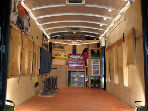 plywood storage ideas - Google Search Cargo Trailer Storage Ideas, Cargo Trailer Shelving Ideas, Enclosed Trailer Conversion, Enclosed Trailer Ideas, Enclosed Motorcycle Trailer, Enclosed Trailer Camper Conversion, Trailer Shelving, Travel Trailer Storage, Enclosed Car Trailer