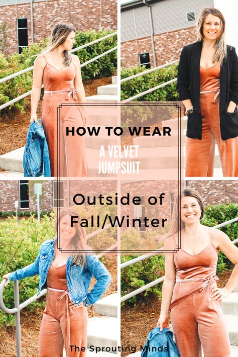 How to Wear a Velvet Jumpsuit Velvet Jumpsuit Outfit With Jacket, How To Wear A Jumpsuit In Winter, Velvet Romper Outfit, Velvet Jumpsuit Outfit, Jumpsuit In Winter, Velvet Jumper, Jumpsuit Fall, Outfits Dressy, Velvet Romper