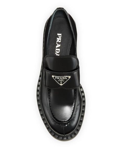 Prada Leather Triangle Logo Loafers | Neiman Marcus Ralph And Russo Shoes, Prada Outfits, Prada Loafers, Shoes Wishlist, Spring Closet, Shoe Wishlist, Orange Shoes, Leather Slip On Shoes, Prada Leather