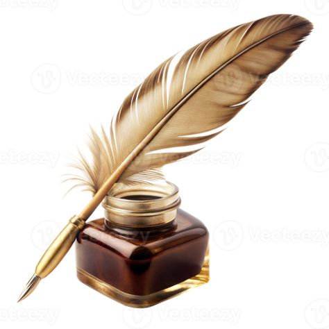 Elegant antique quill pen and ink bottle on a clear background Ink Pot And Quill, Fountain Pen Tattoo, Feather Pen Tattoo, Ink And Quill, Pen Pictures, Ink Quill, Nautical Sleeve, Wedding Invitation Posters, Feather With Birds Tattoo