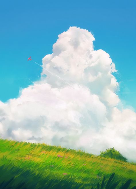 Grass Drawing, Grass Painting, Painting Skills, Ghibli Artwork, Landscape Concept, Cloud Art, Grass Field, Cloud Drawing, Studio Ghibli Art