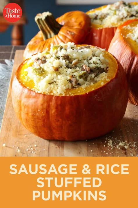 Sausage And Rice Stuffed Pumpkin, Sausage Stuffed Pumpkin Recipes, Stuffed Pumpkins Recipes, Stuffed Pumpkin Recipes, Thanksgiving Gluten Free Recipes, Pumpkin Meals, Festive Buffet, Thanksgiving Gluten Free, Fresh Pumpkin Recipes