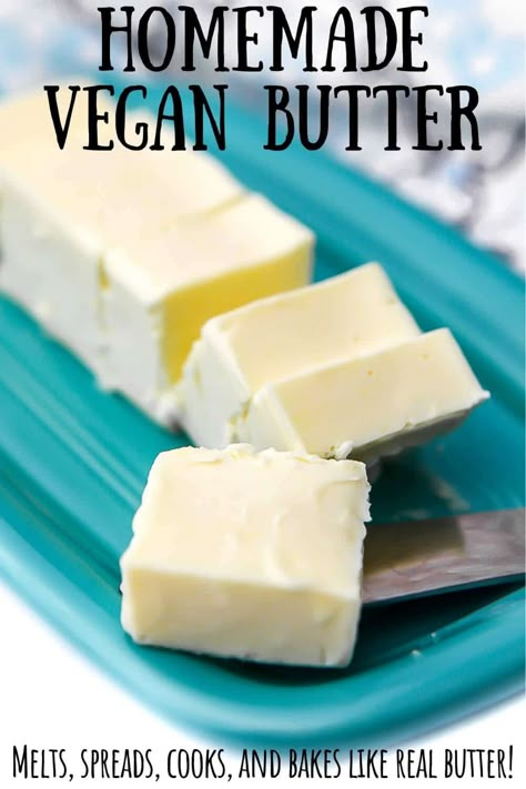 Vegan butter that melts, spread, and bakes perfectly! Once you try this easy homemade vegan butter, you will never want any other vegan margarine or vegan butter alternative again! You can make up a batch in minutes and it saves you a ton of money on store-bought brands of margarine that contain palm oil and just don't taste as good. #thehiddenveggies Vegan Butter For Baking, Diy Vegan Butter, How To Make Vegan Butter, Oil Free Vegan Butter, Homemade Margarine, Easy Vegan Butter, Vegan Butter Recipe, Homemade Vegan Butter, Vegan Spreads