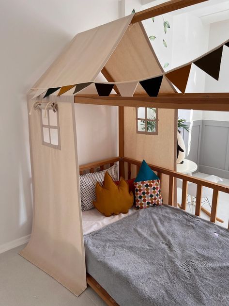 Natural Montessori Canopy Tent, House Bed Tent, Canvas Bed Canopy 🔆 #MontessoriBed #ChildFurniture #ToddlerRoomDecor #NaturalMaterials #WoodenToys #KidsRoomInspiration #MontessoriHome #EcoFriendlyKids #ToddlerSleep #ParentingIdeas Drop Cloth Bed Tent, House Bed Curtains, Toddler House Bed Decor, Boys Canopy Bed, Tent Beds For Kids Boys, Toddler Tent Bed, Toddler Bed Tent, Tent Over Bed, House Bed Ideas