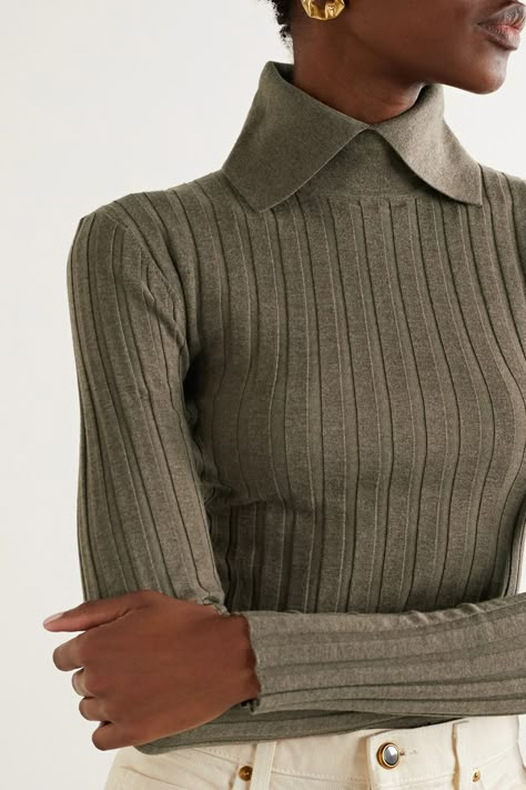 Totême Aviles Ribbed Wool-Blend Sweater Khaite Jeans, Knitwear Details, Golf Wear, Fire Fits, Weekend Style, Looks Chic, 가을 패션, Knitwear Design, Wool Blend Sweater