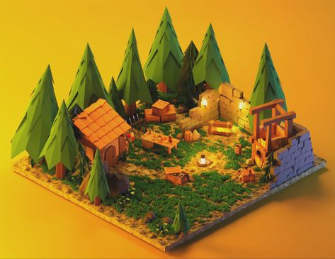 Low poly, forest, fire, nature, ruins, 3d forest, camp, barrel, rum, gold, лагерь разбойников в лесу, 3д дизайн, 3d design, 3d models Low Poly Forest, 3d Forest, Forest Village, Forest Camp, Creative School Project Ideas, Nature 3d, Game Style, Graduation Project, Forest Fire