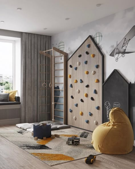 Playroom With No Windows, T Shaped Bedroom, Kid Loft Playroom, Housing Decor Ideas, Piano Accent Wall, Indoor Active Playroom, Moody Playroom Ideas, Monissory Playroom, Boho Montessori Bedroom