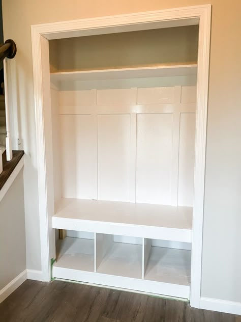 Entryway Coat Closet Makeover, Closet To Cubbies, Front Entryway Bench And Hooks, Transform Entryway Closet, Front Hall Closet Makeover Entryway, Hall Closet Transformation, Closet Bench With Storage, Coat Closet Transformation, Closet To Bench Entryway