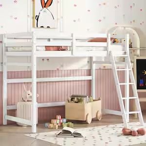 White Twin Size Wood Loft Bed with Sloping Ladder, Spacious Under-bed Area, Full-Length Guardrails Simple Loft Bed, High Loft Bed, Loft Beds For Teens, Loft Bed Frame, Twin Size Loft Bed, Boy Girl Bedroom, Leisure Space, Kids Loft Beds, Twin Loft Bed