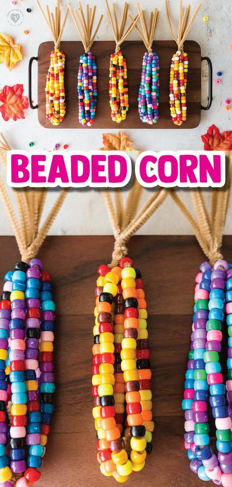 Beaded corn made with pipe cleaners is a fall craft that is easy and beautiful! This colorful pipe cleaner beaded corn can be used for decoration this fall all the way through Thanksgiving. Pony Bead Indian Corn Craft, Indian Corn Beads And Pipe Cleaners, Thanksgiving Crafts School Age, Fun Fall Arts And Crafts For Kids, Pony Bead Corn Craft, Easy Diy Thanksgiving Crafts For Kids, Fall Decor Crafts For Kids, Kid Crafts Fall, Corn Beads Craft