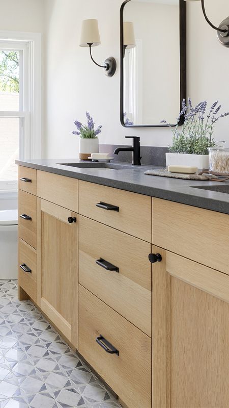 Wood Vanity With Gray Countertop, White Oak Vanities Bathroom, Light Ash Bathroom Vanity, Basement Ensuite, Natural Wood Bathroom Cabinets, Light Wood Vanity Bathroom, Primary Vanity, Oak Vanity Bathroom, Light Wood Bathroom Vanity