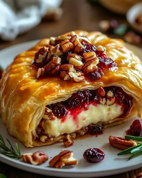 Cranberry Pecan Brie Wrapped in Flaky Puff Pastry - Miarecipes Cranberry Pecan Brie, Baked Brie Puff Pastry, Pecan Brie, Brie Cheese Recipes, Baked Brie Recipes, Cranberry Baking, Brie Puff Pastry, Brie Appetizer, Puff Pastry Appetizers