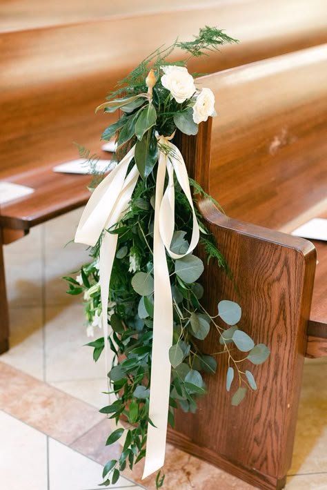 Greenery On Pews Wedding, Greenery Pew Markers, Eucalyptus Pew Decor, Decorate Pews For Wedding, Greenery Pew Ends, Pew Greenery Wedding, Aisle Pieces Wedding, Pews Decorations Church, End Of Pew Wedding Decor