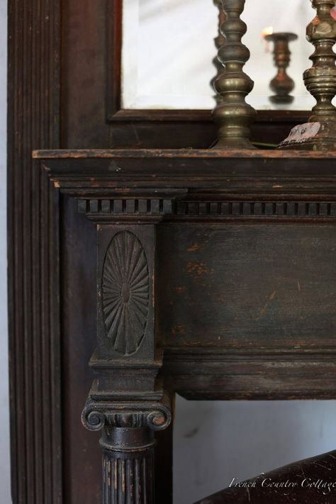 5 Reasons Why You need a beautiful Antique Fireplace Mantel - French Country Cottage Vintage Fireplace Mantle Farmhouse, Antique Wood Fireplace Surround, Fireplace Hearth Seating, Bedroom With Faux Fireplace, Antique Fireplace Ideas, Antique Fireplace Mantle Ideas, European Farmhouse Fireplace, Vintage Fireplace Mantle Decor, Old House Fireplace