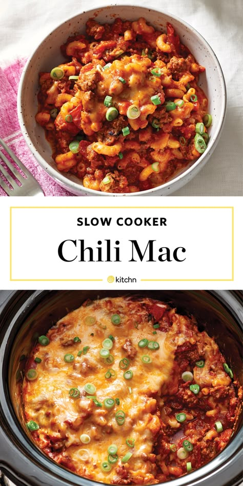 Slow Cooker Chili Mac and Cheese Recipe. Need recipes and ideas for comfort foods to make for weeknight dinners and meals? This is perfect for cold weather cooking in your crockpot. Easy to make and great for families. You'll need onions, ground beef, spices, canned diced tomatoes, kidney beans, tomato paste, beef broth, elbow macaroni noodles or pasta of choice, shredded cheddar and monterey jack cheese, scallions. Slow Cooker Elbow Pasta, Crockpot Recipes With Macaroni Noodles, Crockpot Recipes With Elbow Noodles, Elbow Macaroni Crockpot Recipes, Chilli Mac Recipe Slow Cooker, Crockpot Elbow Pasta Recipes, Crockpot Cheddar Chili Mac, Slow Cooker Chili Mac, Soup Recipes With Ground Beef