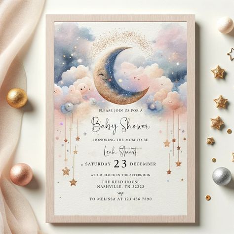 Moon Baby Shower Invitation, Star Baby Shower Invitations, Moon Baby Shower, Moon Baby, Star Baby Showers, Baby Shower Invite, Baby Shower Invites, Baby Shower Theme, Over The Moon