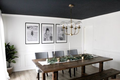 A clean, modern dining room with large black and white engineering prints and a dark accent ceiling, make a statement in a bold, simple way! https://www.arinsolangeathome.com #diningroom #engineeringprints #moderndiningroom Dining Room Curtains Modern, Engineering Prints, Accent Ceiling, Dark Ceiling, Welcome To Home, Dining Room Remodel, Diy Dining Table, Kitchen Makeovers, Diy Dining