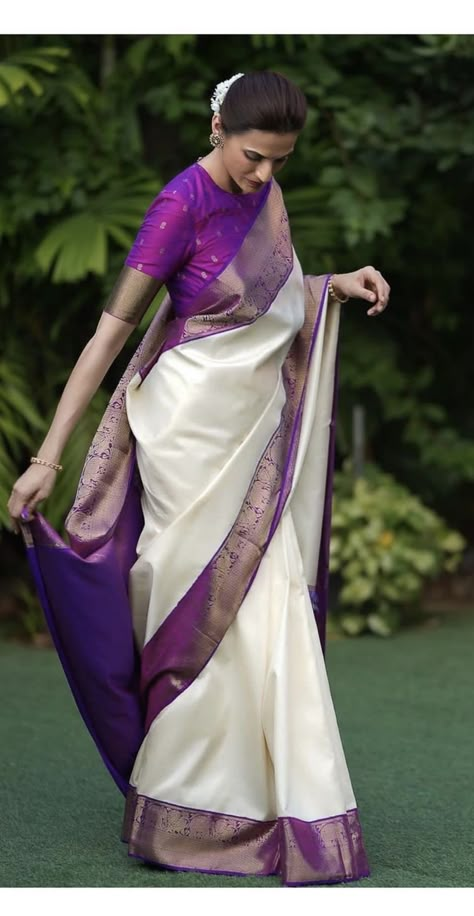 Tamil Reception Outfit, Silk Saree Ideas, Saree Combination, Pestal Colour Sarees, Shalu Saree Blouse Design, Three Fourth Sleeve Blouse Designs, Sarees Indian Classy, White Blouse With Purple Saree, Celebrity Blouse Designs