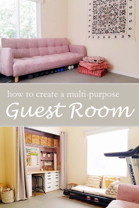 Home Office Craft Room Gym, Small Home Gym Guest Room, Craft And Workout Room Ideas, Guest Room Office Workout Room, Spare Bedroom Multipurpose, Sewing Room And Guest Room Ideas, Craft Room And Spare Bedroom, Fitness And Guest Room, Workout Spare Bedroom