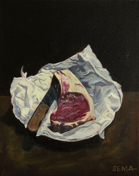 steak oil painting, steak on paper, steak and knife, still life painting, realistic oil painting, oil on canvas, realism Still Art, Oil Painting On Paper, Minimalist Drawing, Painting On Paper, Gcse Art, Inspo Pics, Still Lifes, Still Life Painting, Hold You