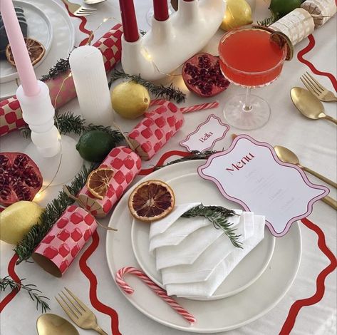 Holiday home decor we are obsessed with - 100 Layer Cake Aesthetic Christmas Table Setting, Christmas Table Settings Colourful, Christmas Lunch Set Up, Funky Christmas Table Decor, Friendsmas Dinner Table Settings, Christmas Table Settings 2023, Christmas Diner Aesthetic, Pink And Red Christmas Table Setting, Pink Red Christmas Table