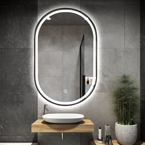 Modern Bath Mirror, Mirror For Toilet, Lighted Mirrors For Bathroom, Lighting Mirror Design, Mirror Light Bathroom, Modern Mirror Bathroom, Bathroom Mirror With Frame, Vanity Mirror With Light, Mirror Design For Bathroom