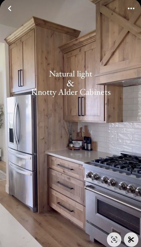 Light Stain Cabinets Kitchen, Farmhouse Stained Kitchen Cabinets, Adler Cabinets Knotty, Light Knotty Alder Kitchen Cabinets, Natural Knotty Alder Kitchen Cabinets, Natural Alder Kitchen Cabinets, Knotty Alder Kitchen Cabinets Farmhouse, Natural Cabinets Kitchen, Light Cabinets Kitchen