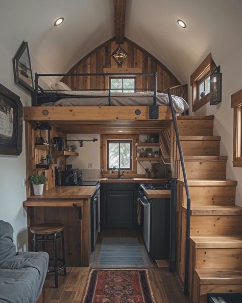 Tiny House Living 🏠 Shed House Loft, Tiny Home Western, Mini Shed House Ideas, Tiny House Features, Tiny House On Wheels Interior Design, Tiny House Vintage Style, Tiny Home Rental Ideas, Micro Tiny House Interior, Tiny Home Cabin Ideas