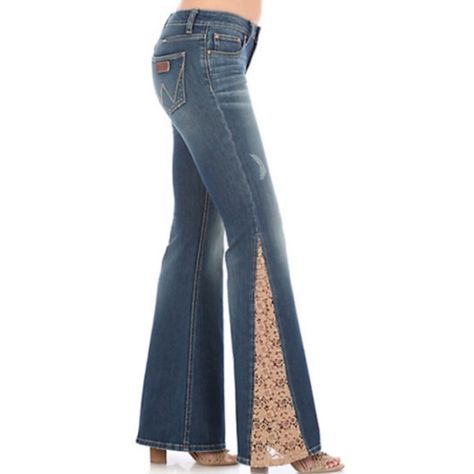 Wrangler Slim Fit Blue Jeans With Lace Flared Legs. Eye Catching With A 34 Inch Inseam. Junior Sizing Fits Like A Size 10-12. Too Snug For Me But Great To Wear Year Round As An Elevated Closet Staple. Diy Bell Bottom Jeans, Lace Jeans, Beige Crochet, Flare Denim Jeans, Upcycle Jeans, Bottom Jeans, Denim Diy, Jeans Diy, Striped Jeans