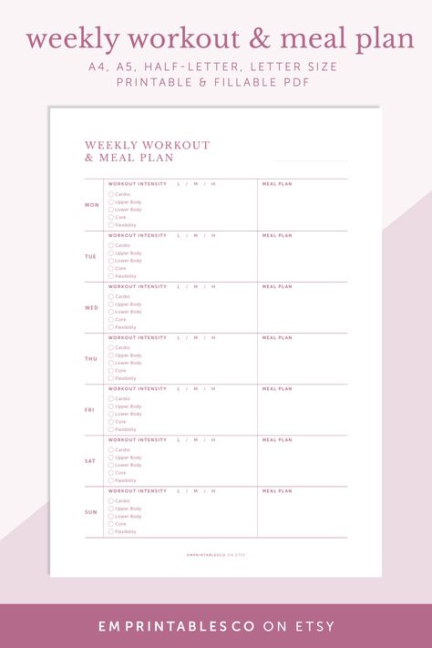 This printable weekly workout and meal planner is the perfect tool to help you stay on track with your fitness and nutrition goals. With separate sections for workout planning and meal planning, you can easily plan out your week and track your progress. Whether you're looking to lose weight, build muscle, or just improve your overall health, this planner can help you stay organized and focused on your goals. Workout Planning, Nutrition Planner, Nutrition Goals, Workout Meal Plan, Planner Fitness, Workout Planner, Diet Planner, Health Planner, Printables Free